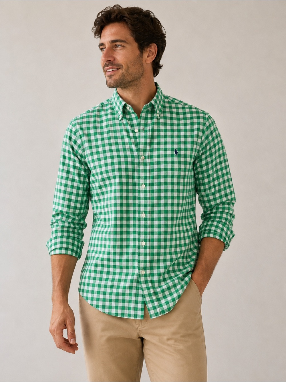 Ralph Lauren Green & White Gingham Button-Down Shirt – 100% Cotton